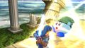 Kirby in his T pose in Super Smash Bros. for Wii U with Link's Triforce Slash.
