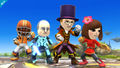 All three Mii fighters with different costumes.