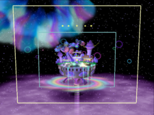 Fountain of Dreams showing the blast zone and spawn points.