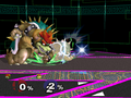 Giga Bowser throwing Bowser with Koopa Klaw.