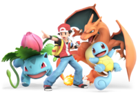 Pokémon Trainer, along with his Squirtle, Ivysaur, and Charizard.