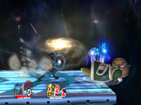 A picture of Lucario using his f-smash at a King Dedede, demonstrating high range.