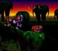 The sunset background of this stage may be based on the Orang-utan Gang level, seen here in Donkey Kong Country.