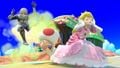 Peach striking Sheik with Toad on the stage.