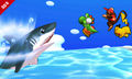 Jumping away from a shark alongside Pikachu and Diddy Kong.