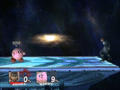 Snake's dash attack being used to "cross-up" behind Kirby, leaving him less vulnerable to punishment.