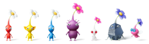 The many species of Pikmin consisting of seven types.