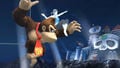 Wii Fit Trainer jumping alongside Donkey Kong.