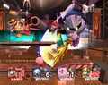 A screenshot of Classic mode on the DOJO!! depicting two allies in a battle against giant Meta Knight.
