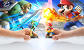 Promotional art depicting Mario and Link's amiibo in SSB4.