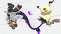 Mimikyu catching Dr. Mario in its grip on the stage.
