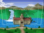 Princess Peach's Castle with blue platforms showing the blast zone and spawn points.