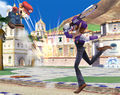 Waluigi attacking with his Tennis Racket.