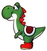 In earlier designs, Yoshi had a longer neck and scarlet shoes. Now his neck is shorter, his arms are longer, and his scales are more rounded.