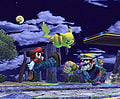 Mario, Wario, and Pikachu battling on Battlefield in morning.