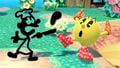 Pac-Man dodging Mr. Game & Watch's Chef on the stage.