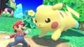 Pikachu dashing towards tiny Mario on the stage.