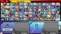 The character selection screen in Super Smash Bros. Ultimate with all characters unlocked, all DLC characters purchased and Echo Fighters and Mii Fighters stacked.