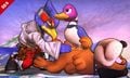 The dog laying supine with the duck perched on his stomach and while alongside Falco.
