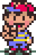 Ness's sprite from EarthBound when posing for a picture.