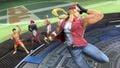 Terry air dodging with Joe Higashi, Iori Yagami and Andy Bogard in the background (left to right).