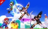 Dark Pit and Pit using their bows alongside each other at Mario and Luigi.