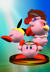 Trophy of Kirby having copied Roy, Falco Lombardi, Pichu, Dr. Mario and Ganondorf  from Super Smash Bros. Melee.