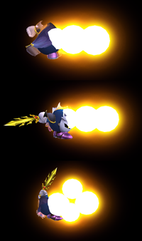 Hitboxes of Meta Knight's forward tilt in Brawl. Top-left: first hit; top-right: second hit; bottom: third hit.