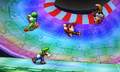 Yoshi, Luigi, Diddy Kong, and Fox passing by a sharp turn.