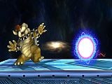 Bowser's forward smash about to collide with Samus' fully charged Charge Shot.