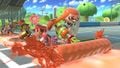 Link, Mario and Samus struck by the Inkling's Splat Roller on Figure-8 Circuit.