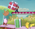 Mario is about to throw a Crate on Kirby