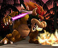Bowser in a beta version of the stage in Melee. (Note the gray, textureless platform.)