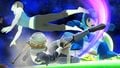 Sheik and Wii Fit Trainer attacking Mega Man