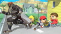 Leading Toon Link, Ness, and Villager across a road.