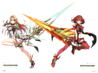 Official artwork of Mythra and Pyra for the Good Smile Company 1/7th model of the two characters. Note how Mythra uses her standard design from Xenoblade Chronicles 2.
