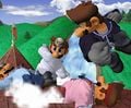 Multiple Dr. Marios fighting on Princess Peach's Castle.