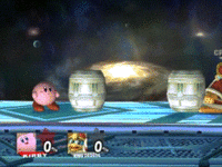 Kirby and King Dedede swallowing barrels with Inhale.