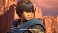 Marth saying his infamous "theory" in the Japanese version of World of Light opening cinematic; the subtitle translates to "Maybe we can win this by taking about ten each?"