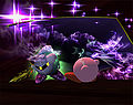 Meta Knight trapping Kirby with Galaxia Darkness.