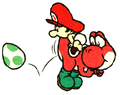 Official Artwork of Yoshi laying an egg from Super Mario World 2: Yoshi's Island.