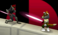 Fox and Captain Falcon wielding Beam Swords in Smash 64.
