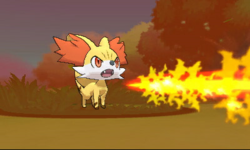 An image of Flamethrower being used by Fennekin in Pokemon X/Y.