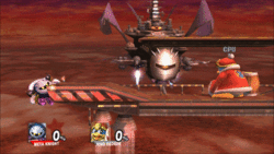 Meta Knight attacking King Dedede from below the airborne platform on the Halberd.