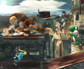 Yoshi, Donkey Kong, Ike and Zero Suit Samus fight on the top tier.