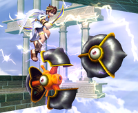 Pit flies above two Glunders in Super Smash Bros. Brawl.