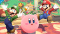 Luigi, Mario and Kirby on the stage.