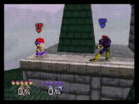 Ness using DJC'd aerials to break a shield in Smash 64.