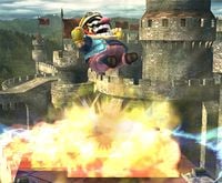 Wario, in Super Smash Bros. Brawl, using his Wario Waft special attack.