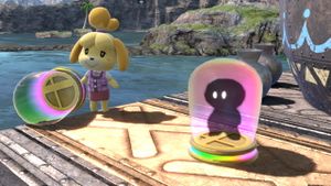 Isabelle holding a silhouette-less Assist Trophy, something that can happen when performing the Infinite Assist Trophy glitch in Super Smash Bros. Ultimate.